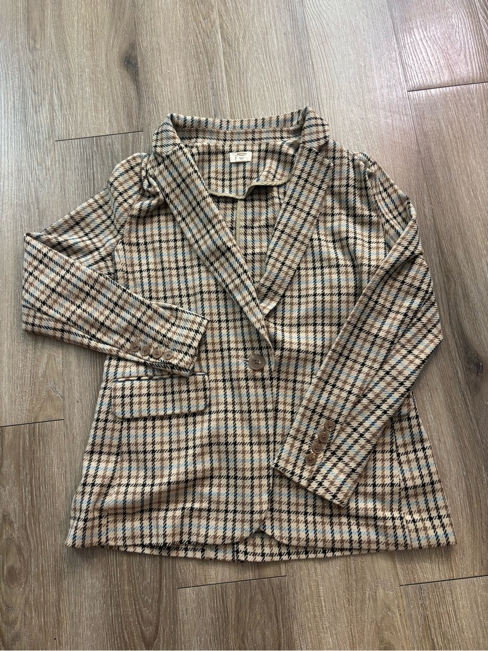 a.n.a Tan Plaid Single-Button Blazer with Blue Accents